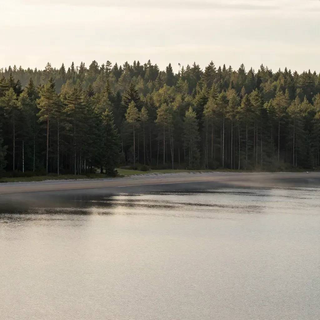 Dimmig svensk inlandshorisont med skog, sjö och ljus himmel i lugna naturtoner